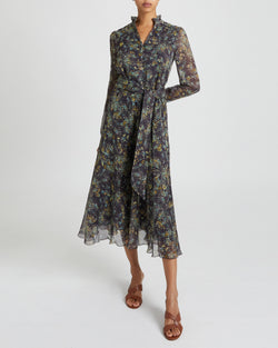 IRINA Long Sleeve Midi Dress in Navy Floral Georgette