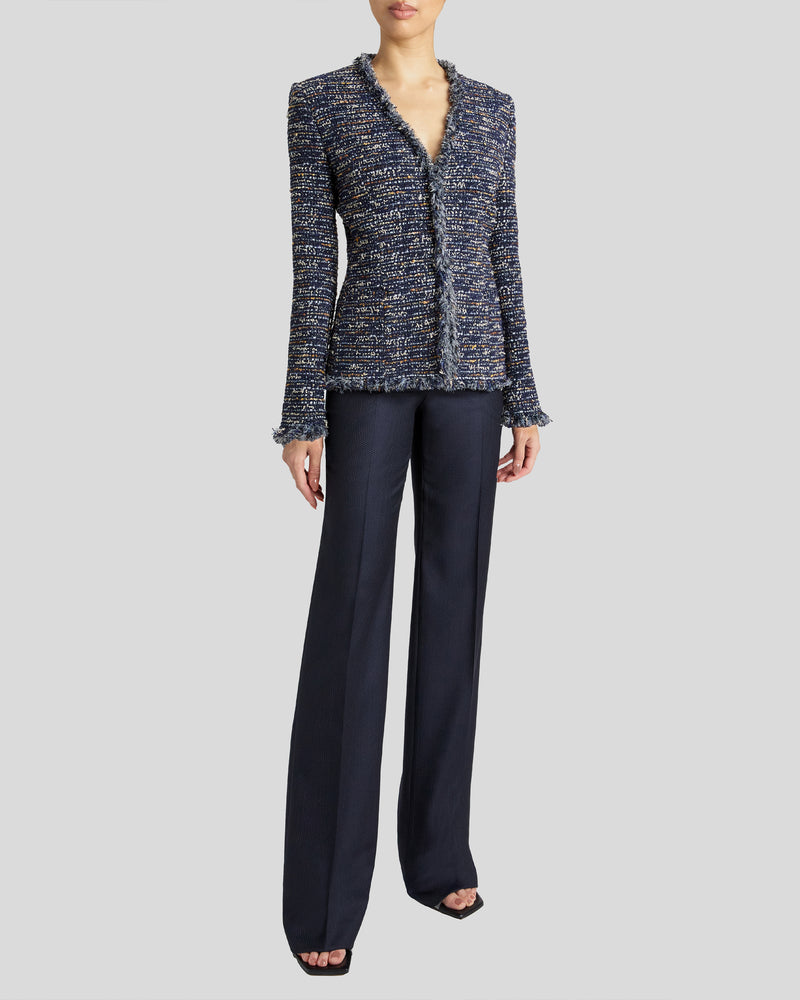 CYNTHIA Midnight Blue Tweed Jacket with Fringe Trim