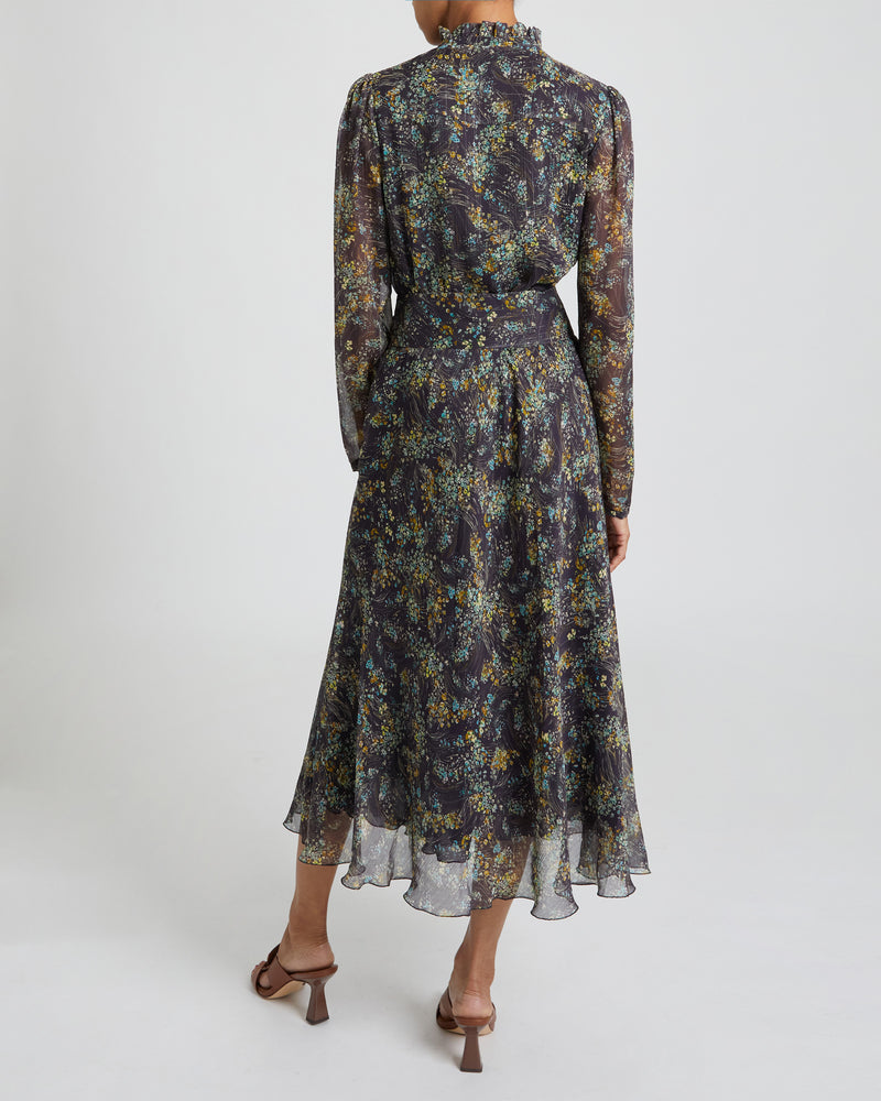 IRINA Long Sleeve Midi Dress in Navy Floral Georgette