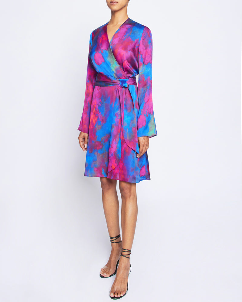 KAYDEN Long Sleeve Faux Wrap Fit and Flare Dress in Printed Charmeuse