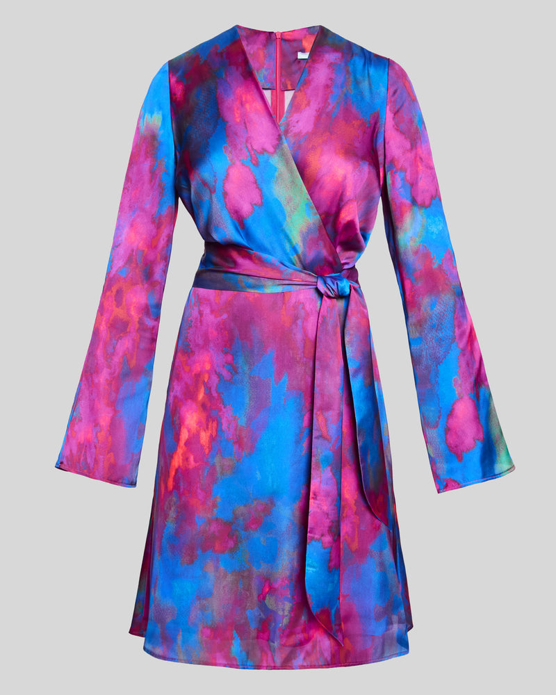 KAYDEN Long Sleeve Faux Wrap Fit and Flare Dress in Printed Charmeuse