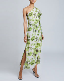 LUNA One-Shoulder, Ruffle Sleeve Midi Shift Dress
