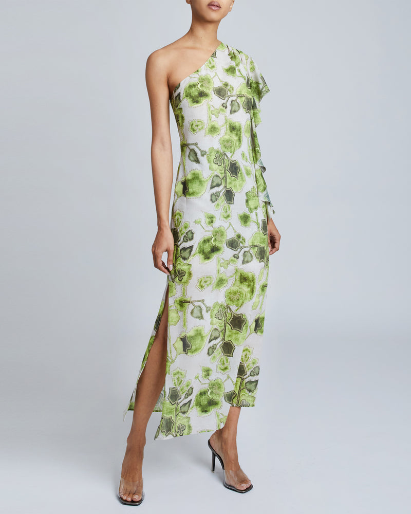 LUNA One-Shoulder, Ruffle Sleeve Midi Shift Dress