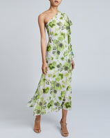 LUNA One-Shoulder, Ruffle Sleeve Midi Shift Dress