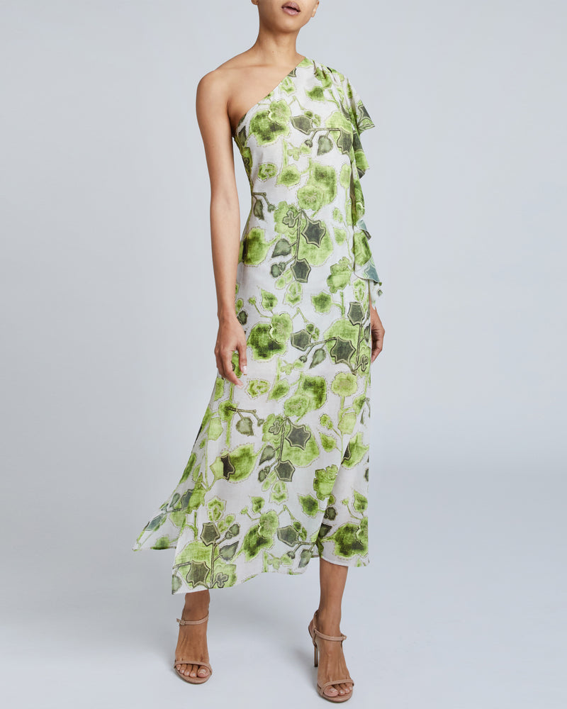 LUNA One-Shoulder, Ruffle Sleeve Midi Shift Dress