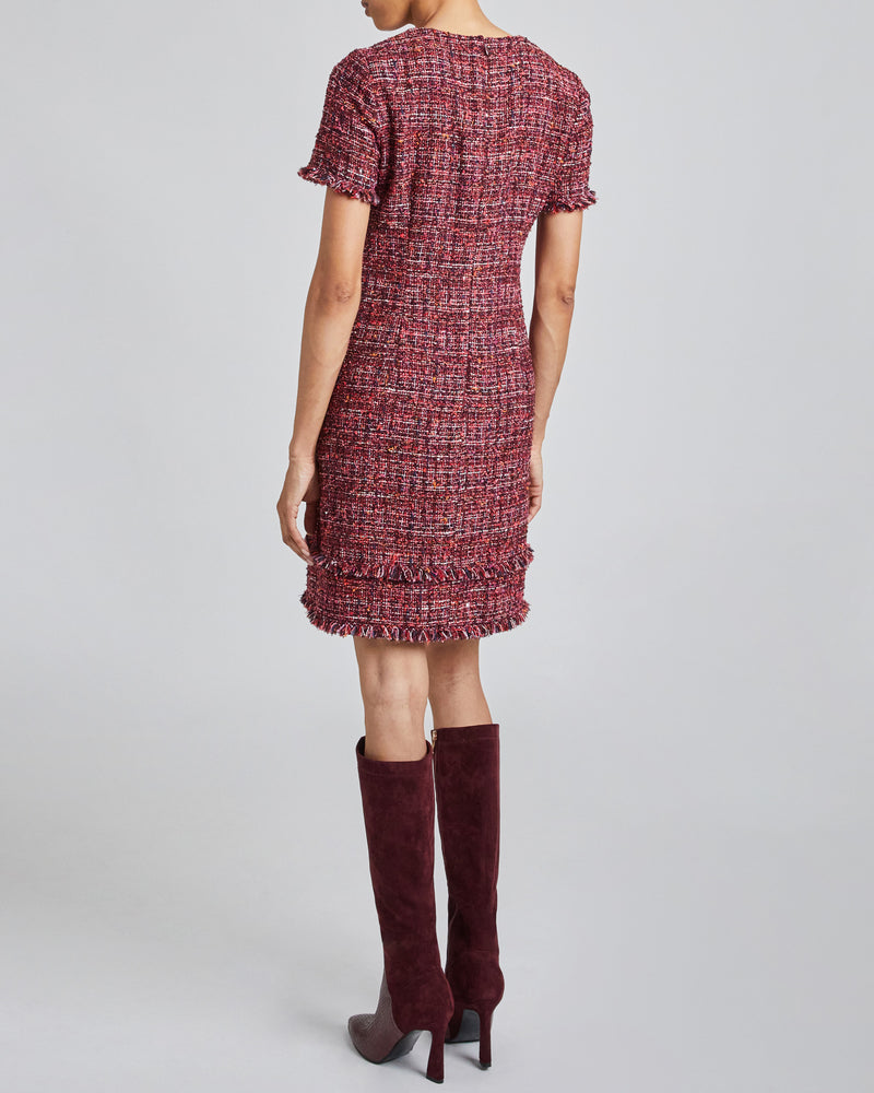 MELANIA Short Sleeve Shift Dress in Bordeaux Tweed