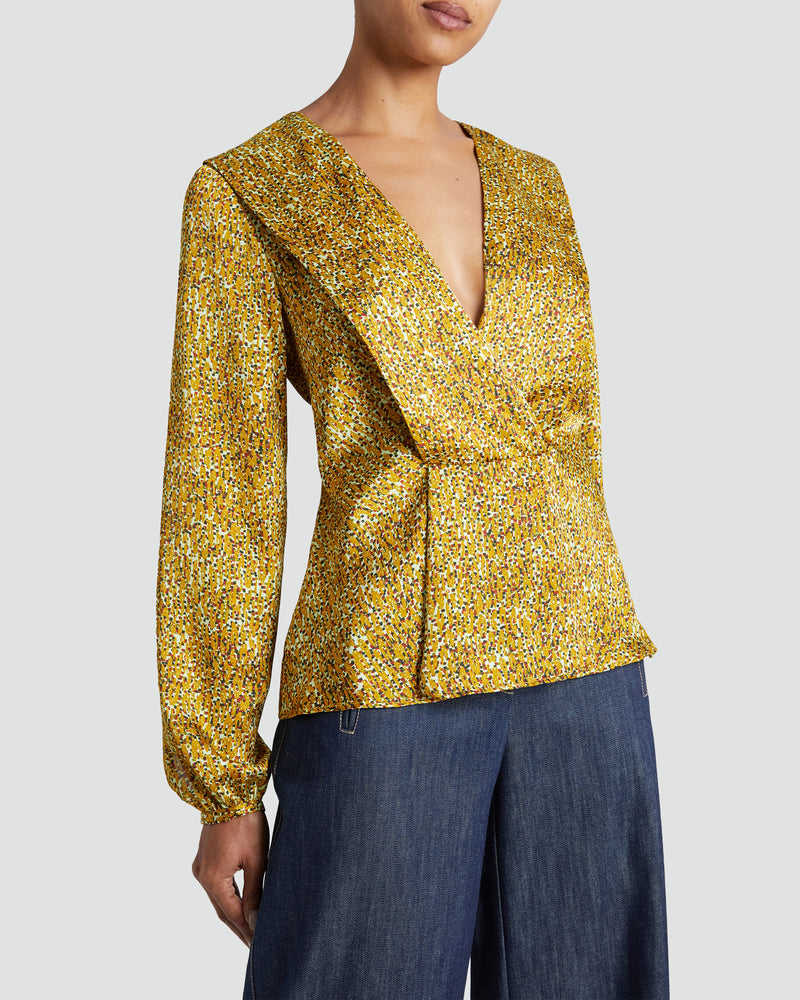 MIRANDA Long Sleeve Blouse in Dijon Yellow Printed Satin