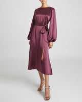 PARKER Fit and Flare Midi Dress with Lantern Sleeves in Plum Silk