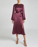 PARKER Fit and Flare Midi Dress with Lantern Sleeves in Plum Silk