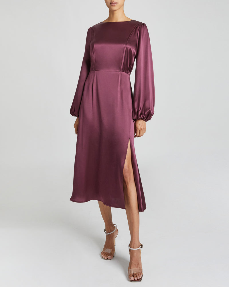 PARKER Fit and Flare Midi Dress with Lantern Sleeves in Plum Silk