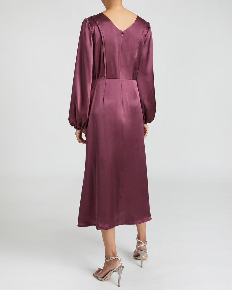 PARKER Fit and Flare Midi Dress with Lantern Sleeves in Plum Silk
