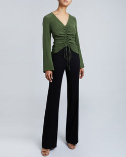 RAVELA Bell Sleeve Silk Blouse with Front Center Drawstring
