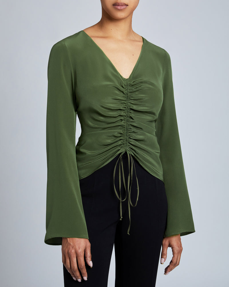 RAVELA Bell Sleeve Silk Blouse with Front Center Drawstring