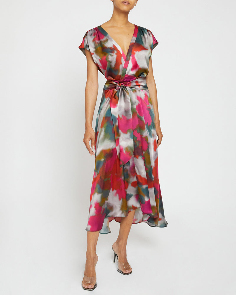 TALIA Faux Wrap Midi Dress with Hi Lo Skirt in Abstract Print Santorelli