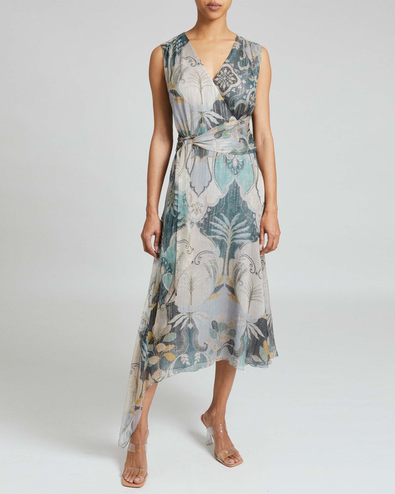 VELIA Faux Wrap Dress in Printed Silk Crinkle Chiffon