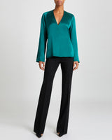 ZURI Silk V Neck Blouse with Flared Long Sleeves