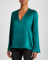 ZURI Silk V Neck Blouse with Flared Long Sleeves