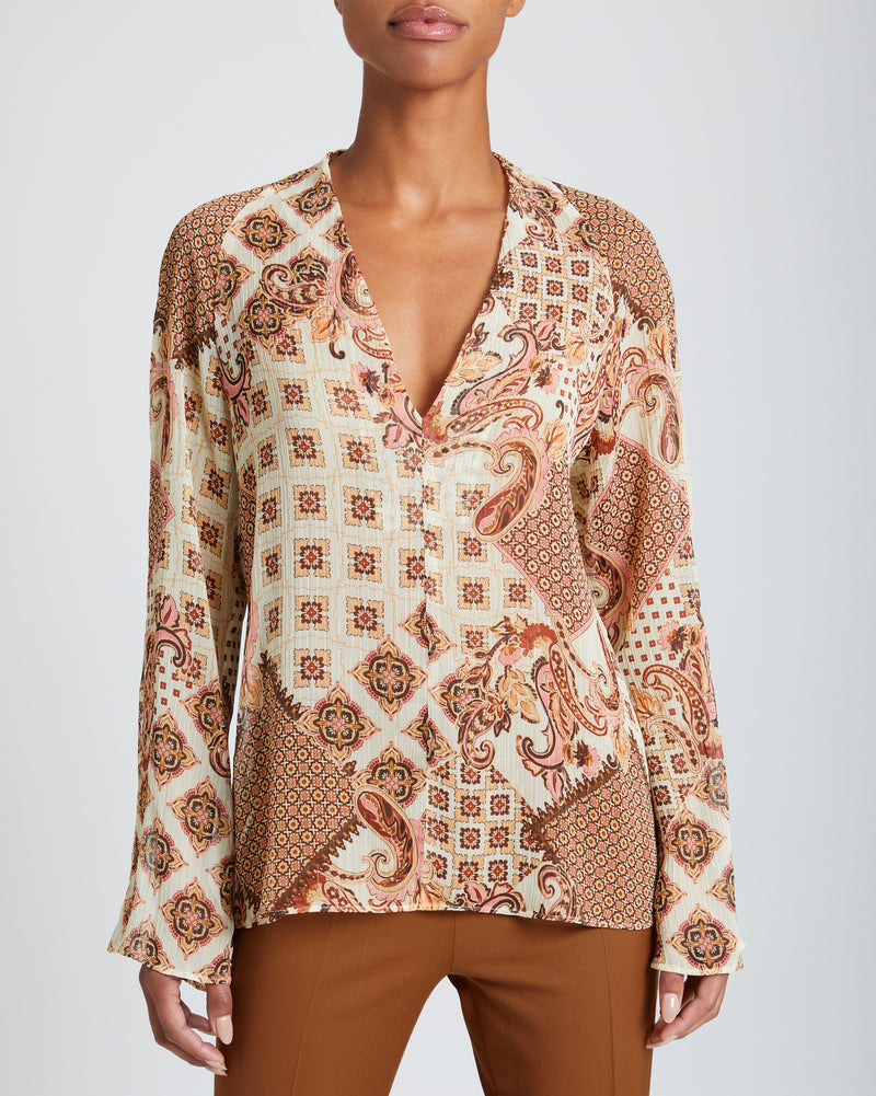 ZURI V-Neck Blouse with Flared Long Sleeves in Printed Georgette