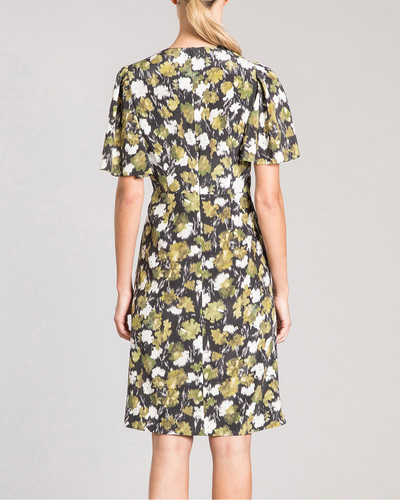 LINDSAY Faux Wrap Short Sleeve Silk Dress
