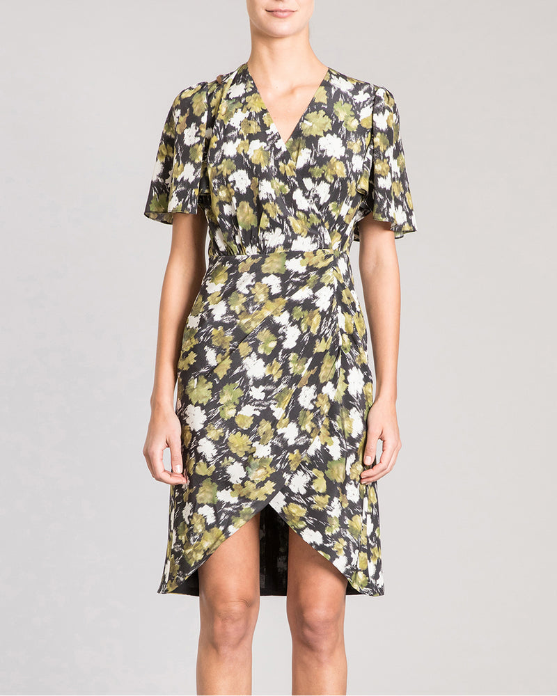 LINDSAY Faux Wrap Short Sleeve Silk Dress