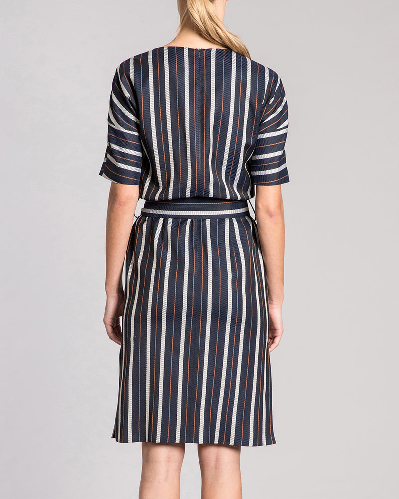 JILLIAN Shift Dress with Waist Tie in Striped Viscose