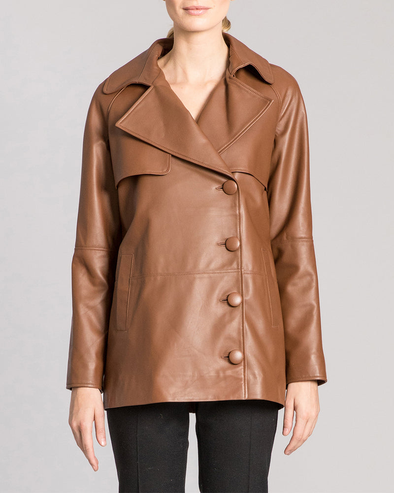 KERINA Double-Breasted Side Button Leather Jacket