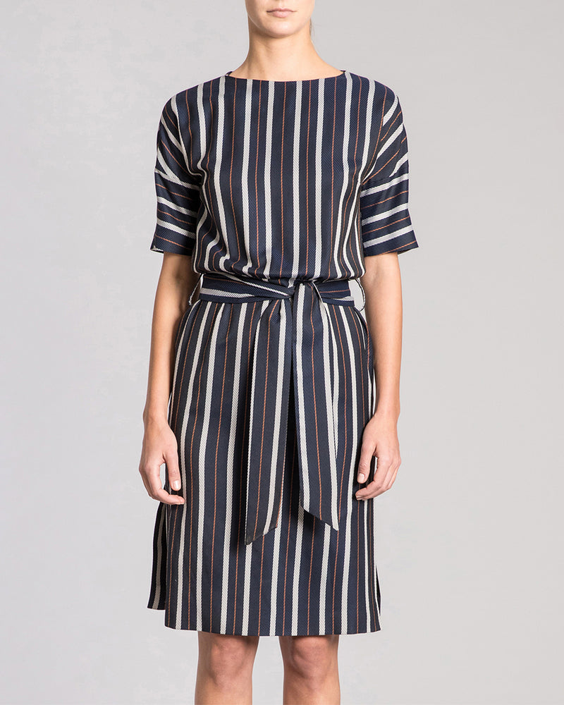 JILLIAN Shift Dress with Waist Tie in Striped Viscose