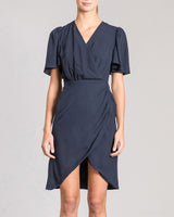 LINDSAY Faux Wrap Short Sleeve Silk Dress