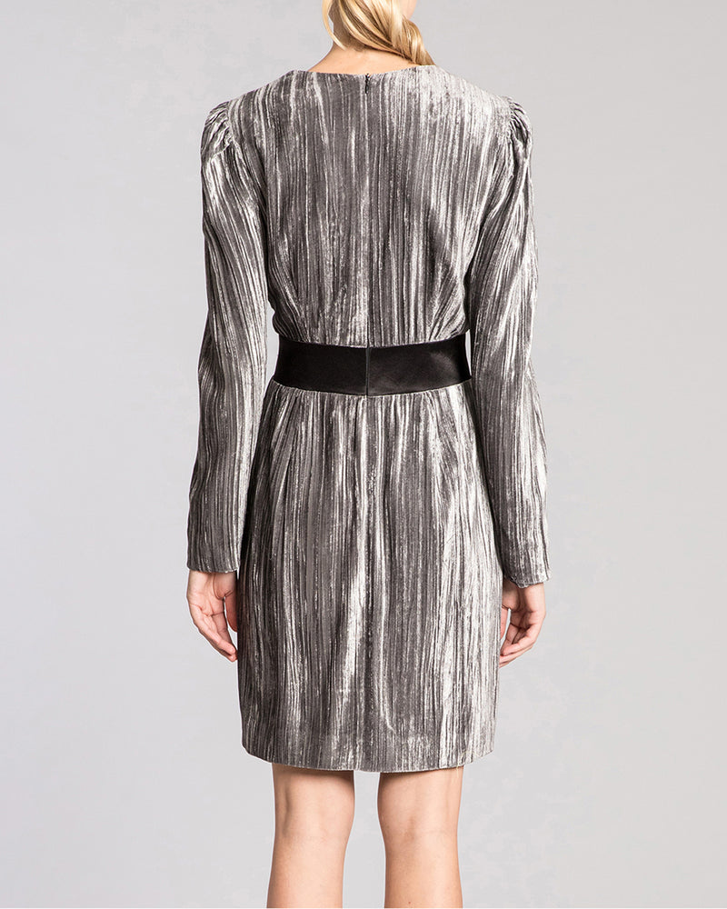 KAELYN Long Sleeve Sheath Dress with Front Tie in Pleated Velvet