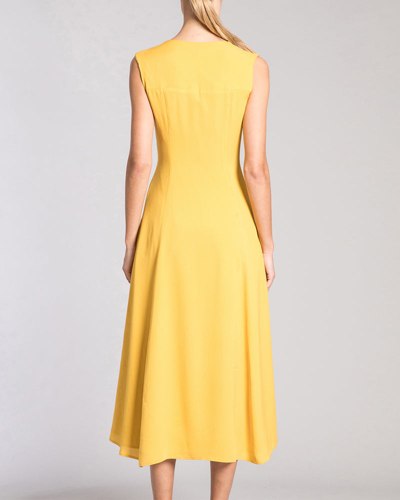 SILVIA Sleeveless Silk Midi Dress with Front Inverted Pleated Panel