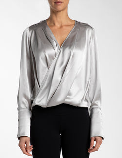 SABIL Faux-Wrap Silk Blouse with Long Cuff Detail