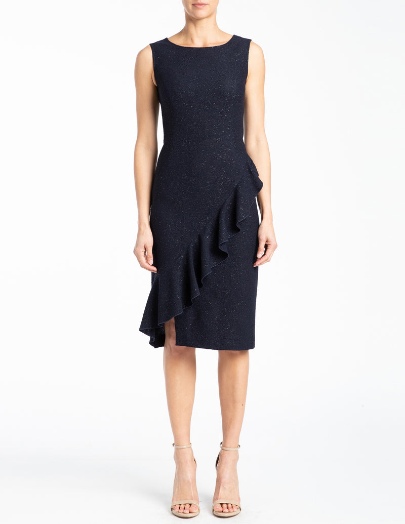 OLINA Dress with Draped Front Ruffle in Fancy Lurex Tweed