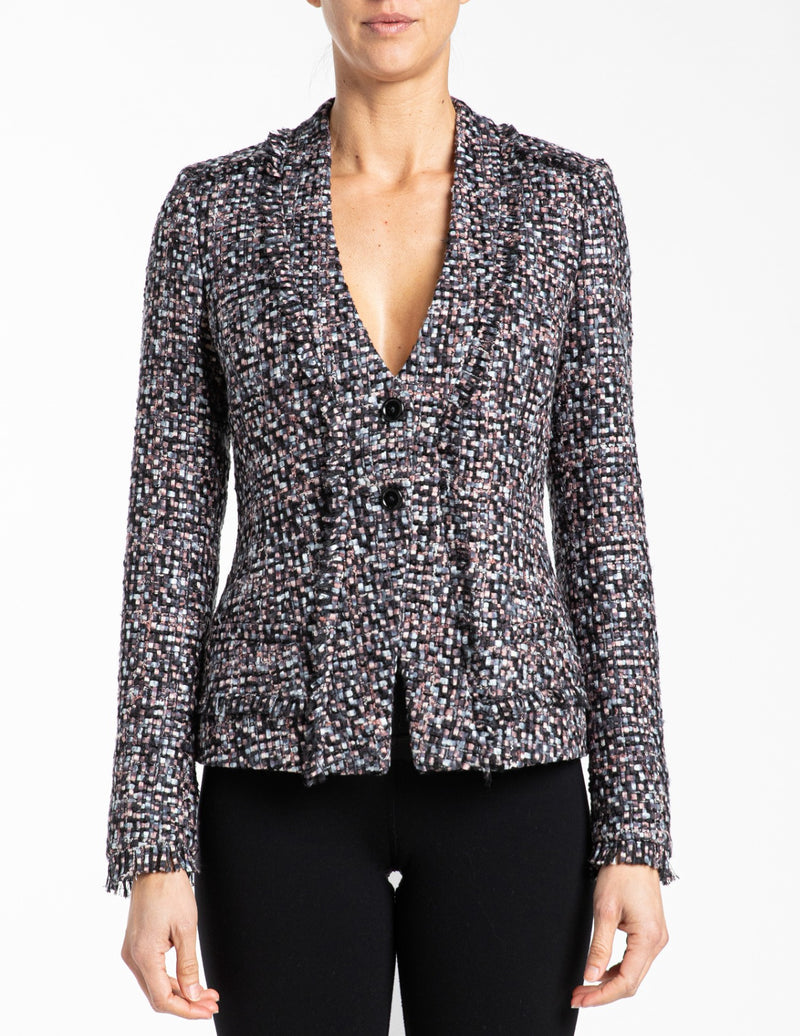 NEVA Open Collar Tweed Jacket with Fringed Panels – Santorelli