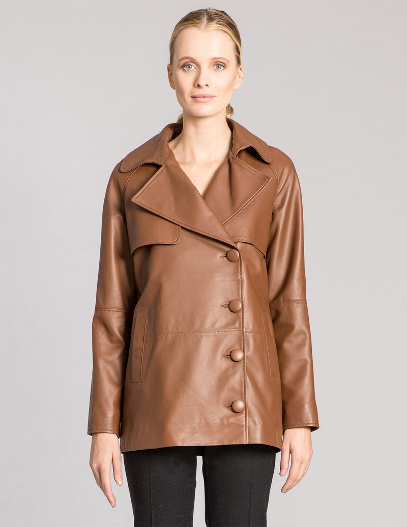 KERINA Double-Breasted Side Button Leather Jacket