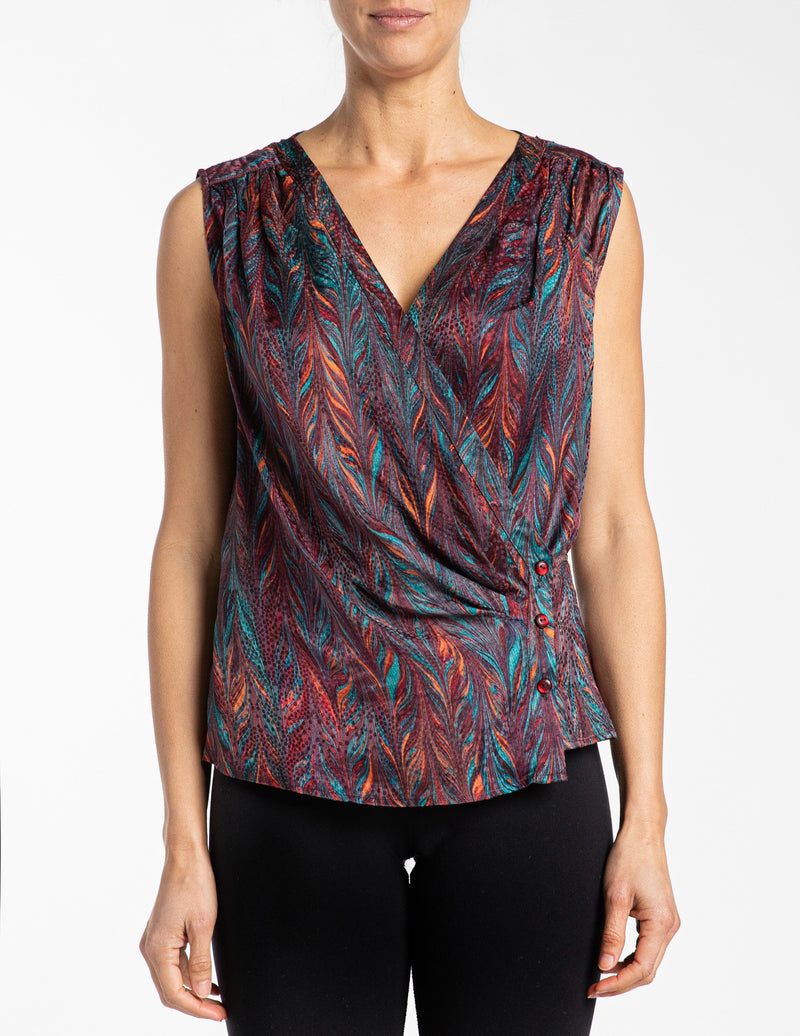 LYNN Sleeveless Faux Wrap Top with Side Button Closure