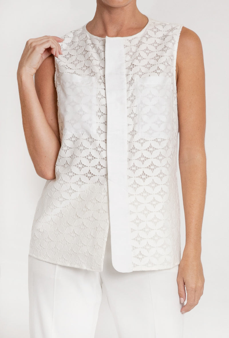 Sleeveless Jewel Neck Top in Cotton Eyelet