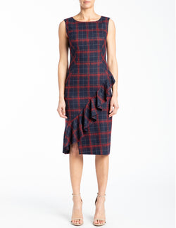 OLINA Dress with Draped Front Ruffle in Plaid Flannel