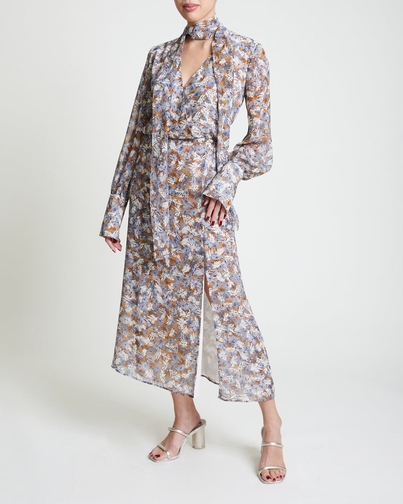 CRYSTAL Floral Faux Wrap Dress with Neck Tie