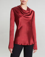 Long Sleeve Cowl Neck Silk Top in Color Garnet 