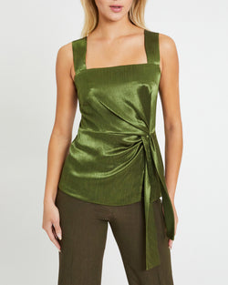 LEONA Sleeveless Top with Side Twisted Waist Tie in Textured Fluid Satin