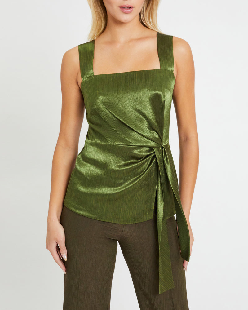 LEONA Sleeveless Top with Side Twisted Waist Tie in Textured Fluid Satin