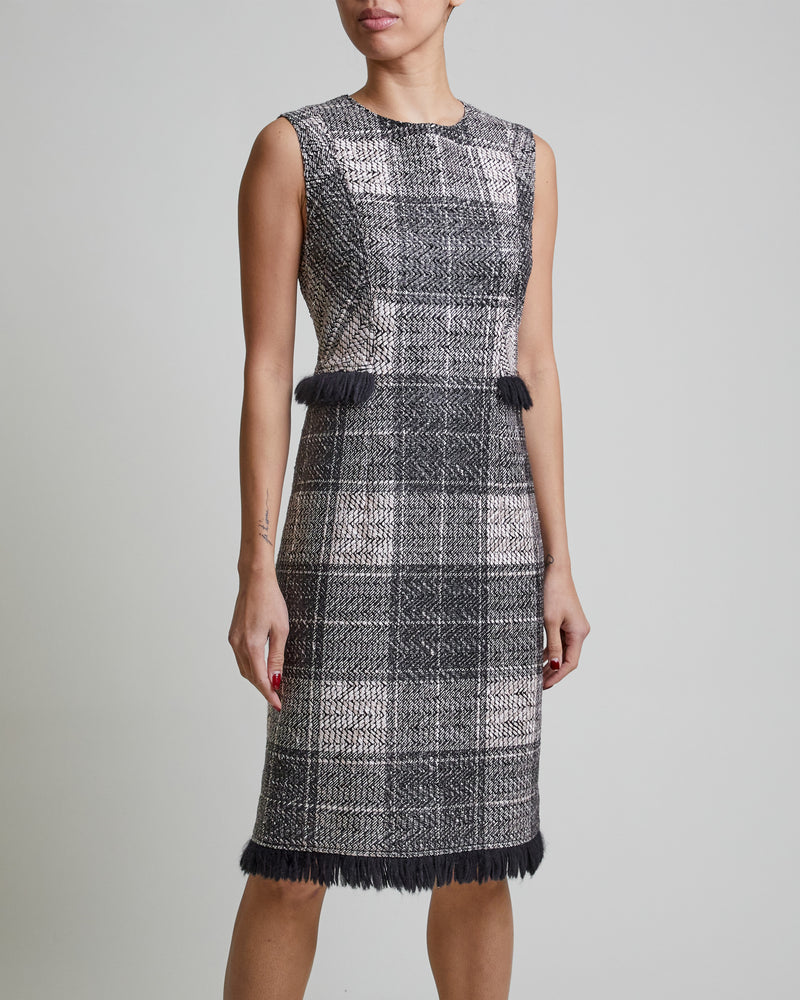 MAY Shift Sleeveless Tweed Dress with Fringe Detail