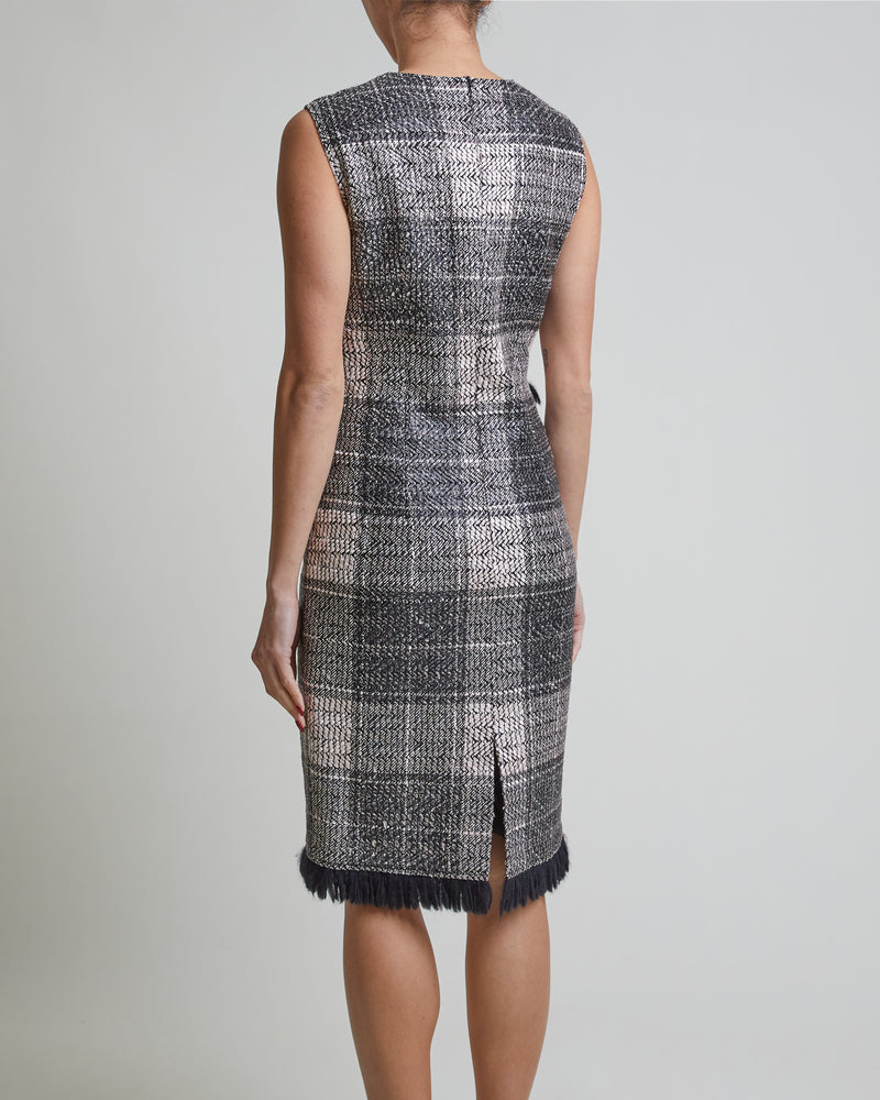 MAY Shift Sleeveless Tweed Dress with Fringe Detail