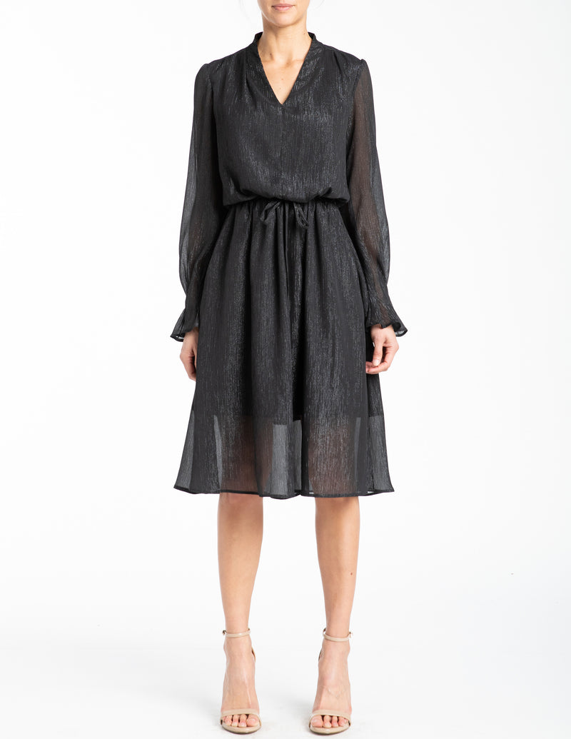 NITA1 Long Sleeve V-Neck Dress in Lurex Georgette