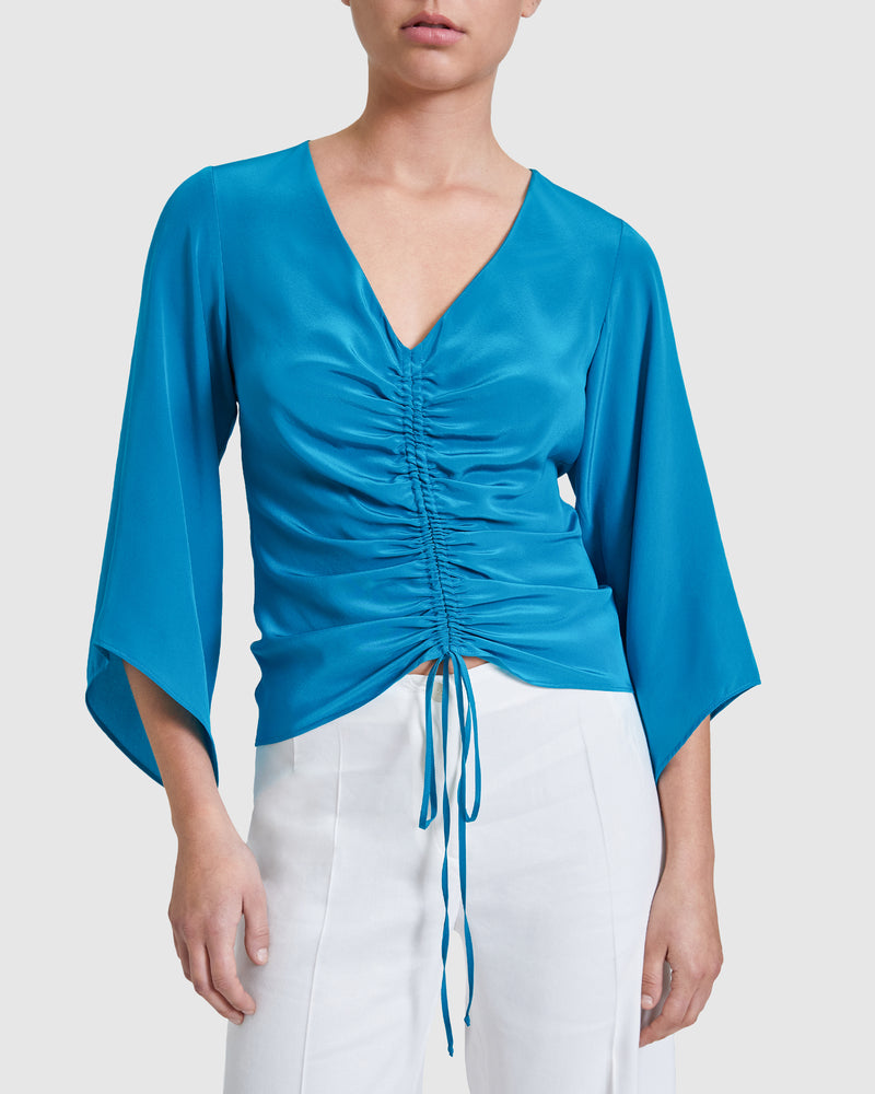 RAVEN Silk Kimono Sleeve Blouse with Front Drawstring