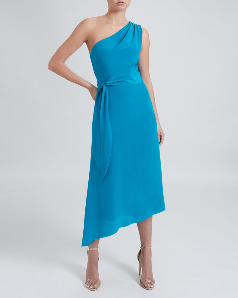 REGANA Silk One-Shoulder Sleeveless Faux Wrap Dress