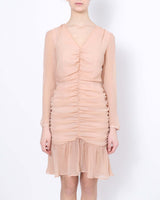 Long Sleeve Knee-Length Ruched Dress in Blush Silk Georgette 