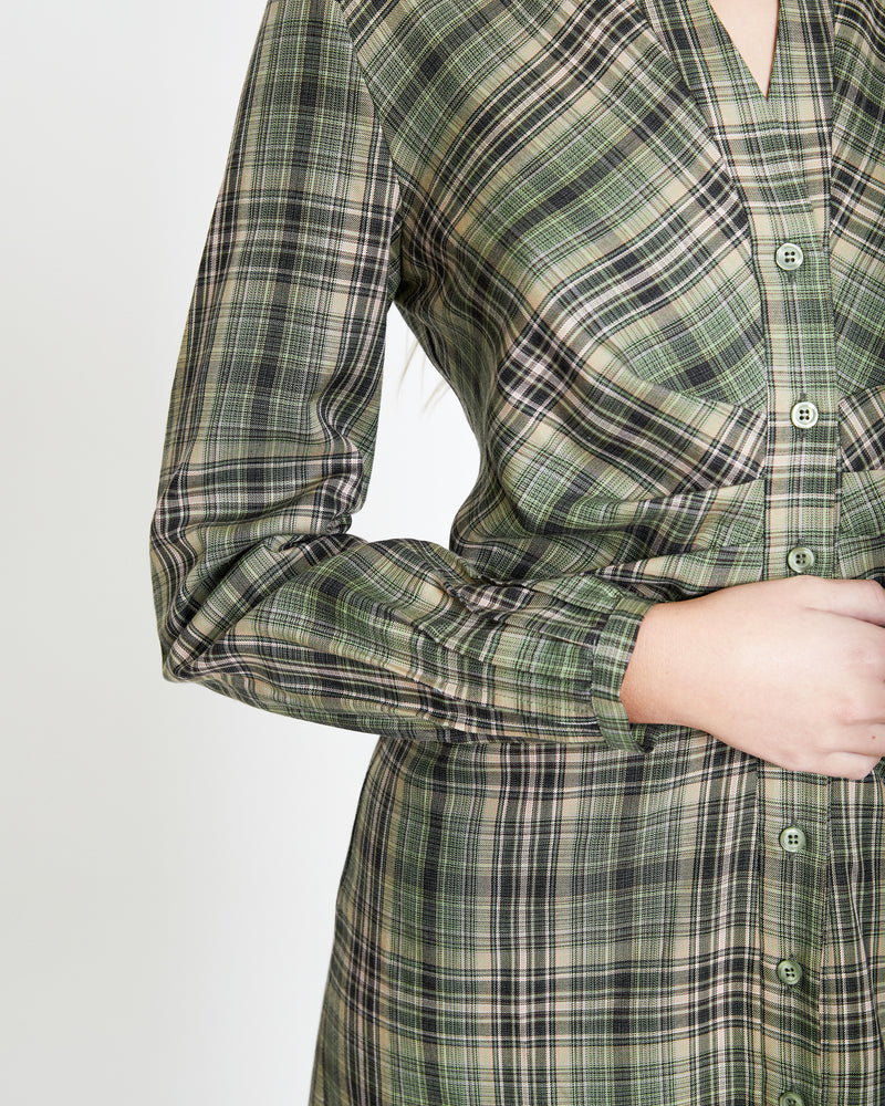 SORMA Long Sleeve Above-the-Knee Shirt Dress in Green Plaid