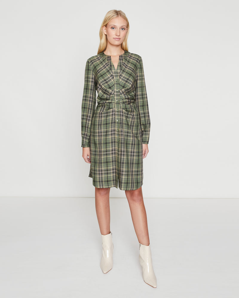 SORMA Long Sleeve Above-the-Knee Shirt Dress in Green Plaid