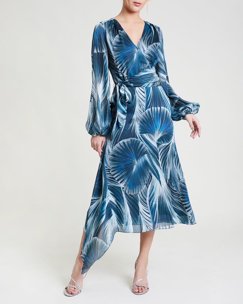 VANNA Faux Wrap Dress with Lantern Sleeves
